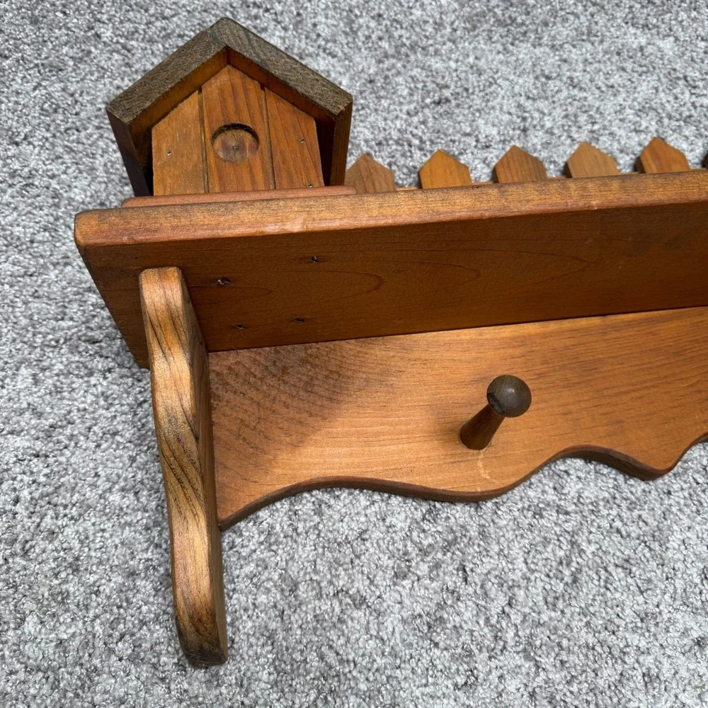 Vintage Wooden Wall Shelf Pegs Birdhouse Picket Fence Brown Cottage Rustic Farm